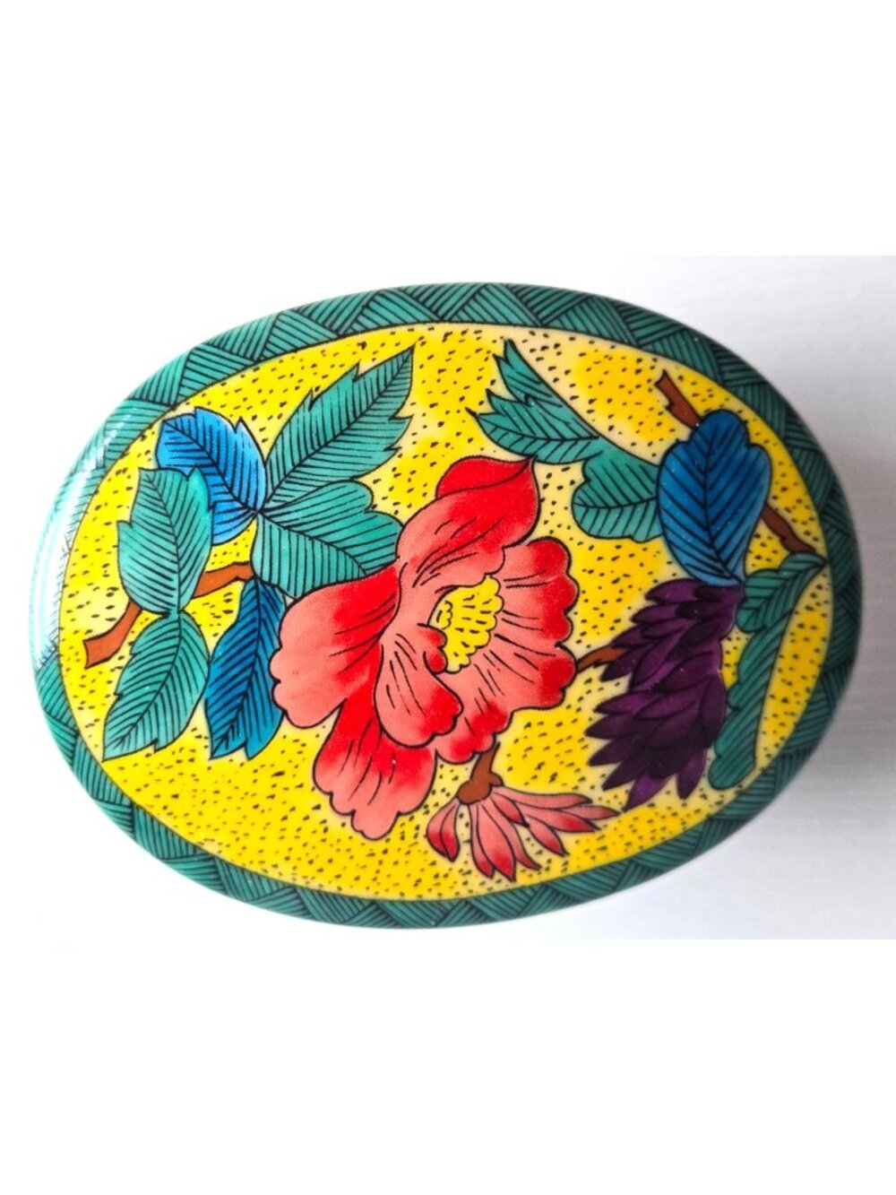 Ashibi Japan Oval Trinket Box Porcelain Floral Hand Painted Marked Two-Piece